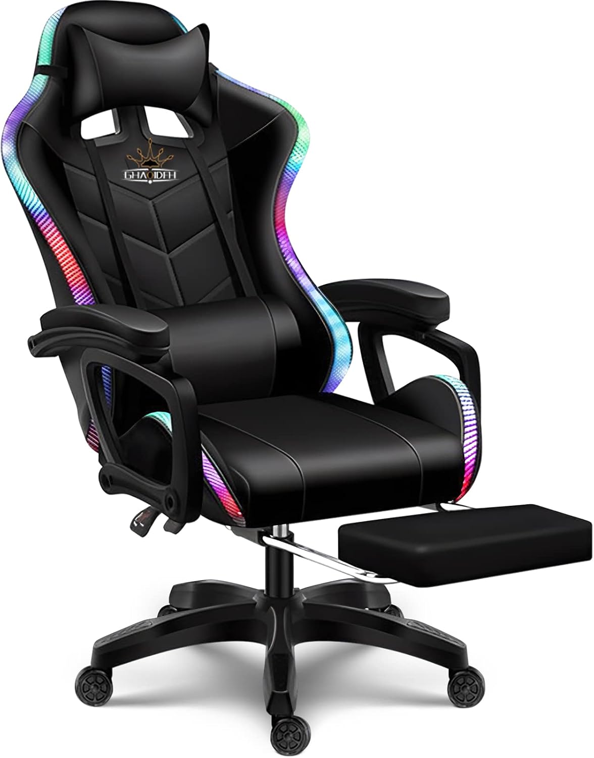 Gaming Chair with Speakers, Gaming Chair LED Lights - PU Leather Recliner 360°Swivel Function Ergonomic Video Game Chairs with Headrest Armrest Electric Massage Office Chair,Black