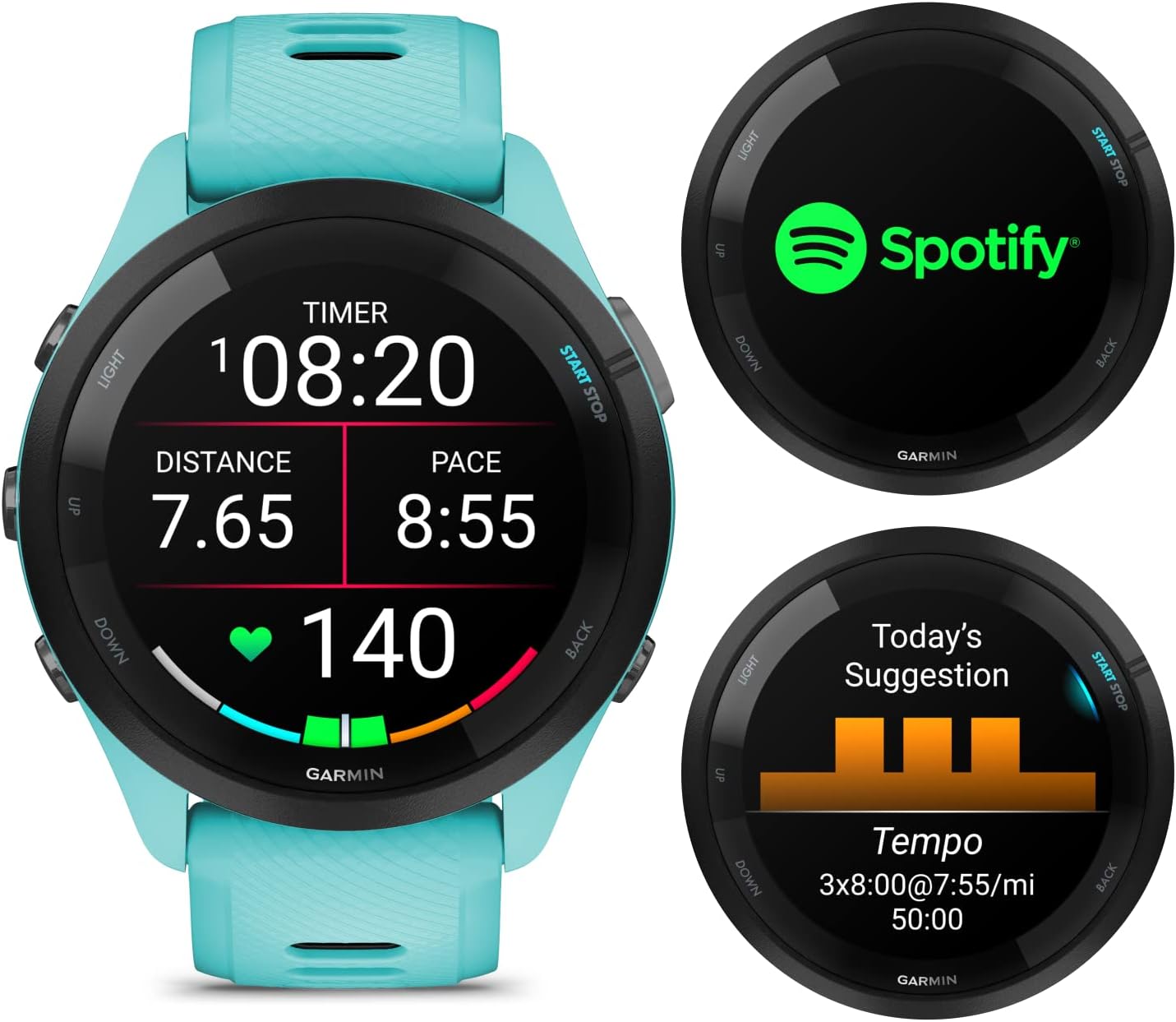 Garmin Forerunner 265 Music GPS Running 46 mm Smartwatch, Aqua with AMOLED 1.3 in Touchscreen Display Black Earbuds Bundle, Aqua +Blk EarBuds