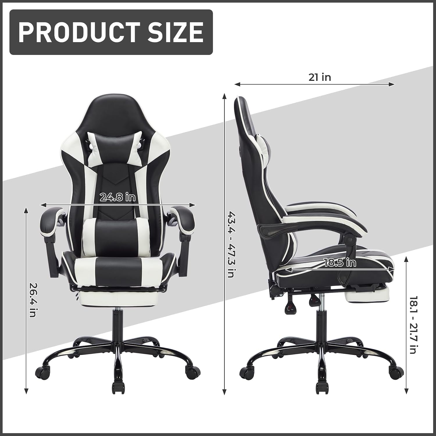 Gaming Chair with Footrest, Ergonomic Computer Chair with Headrest and Lumbar Support, Breathable Material Height Adjustable Swivel Video Game Chairs for Adults, 300lbs Max, Black & White