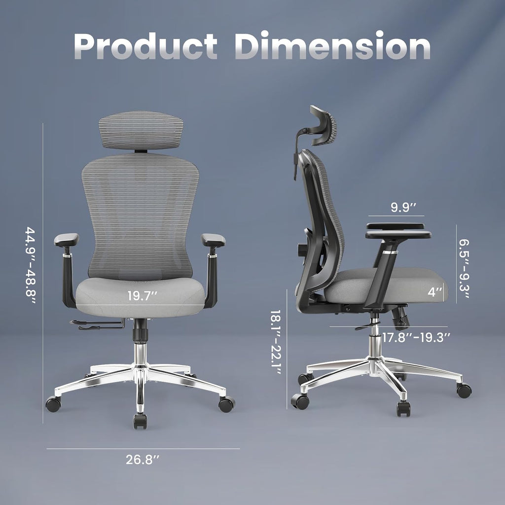 Farini Ergonomic Office Chair Desk Chair, High Back Computer Chair with Wheels, Home Sutdy Chair for Heavy People, Mesh Office Chair Adjustable Seat Depth, 3D Armrests and Adjustable Headrest, Grey
