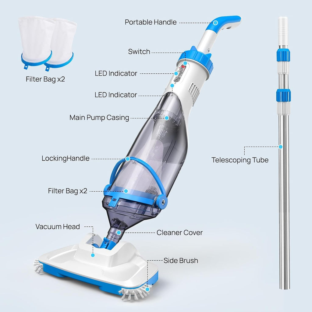 Consciot Handheld Pool Vacuum with Telescopic Pole, 18.5 GPM Suction, Up to 1-Hour Runtime – Cordless Cleaner for Pools, Spas & Hot Tubs, Includes 2-Pack Filter Bags