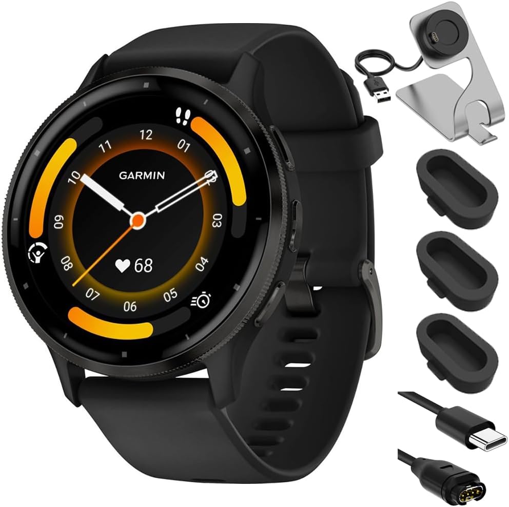 Garmin 010-02784-01 Venu 3 Health and Fitness GPS Smartwatch Steel Bezel with Black Case 45mm Bundle with Deco Essentials Charging Dock, Silicone Dust Cover 3 Pack and USB Type C Charging Cable
