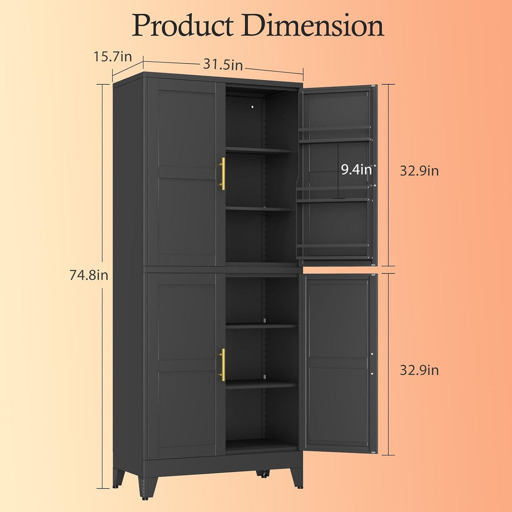 Black Pantry Storage Cabinet, 75' Kitchen Pantry with Doors and 3 Adjustable Shelves, Metal Freestanding Buffet Cupboards Sideboard, for Office, Home, Garage, School