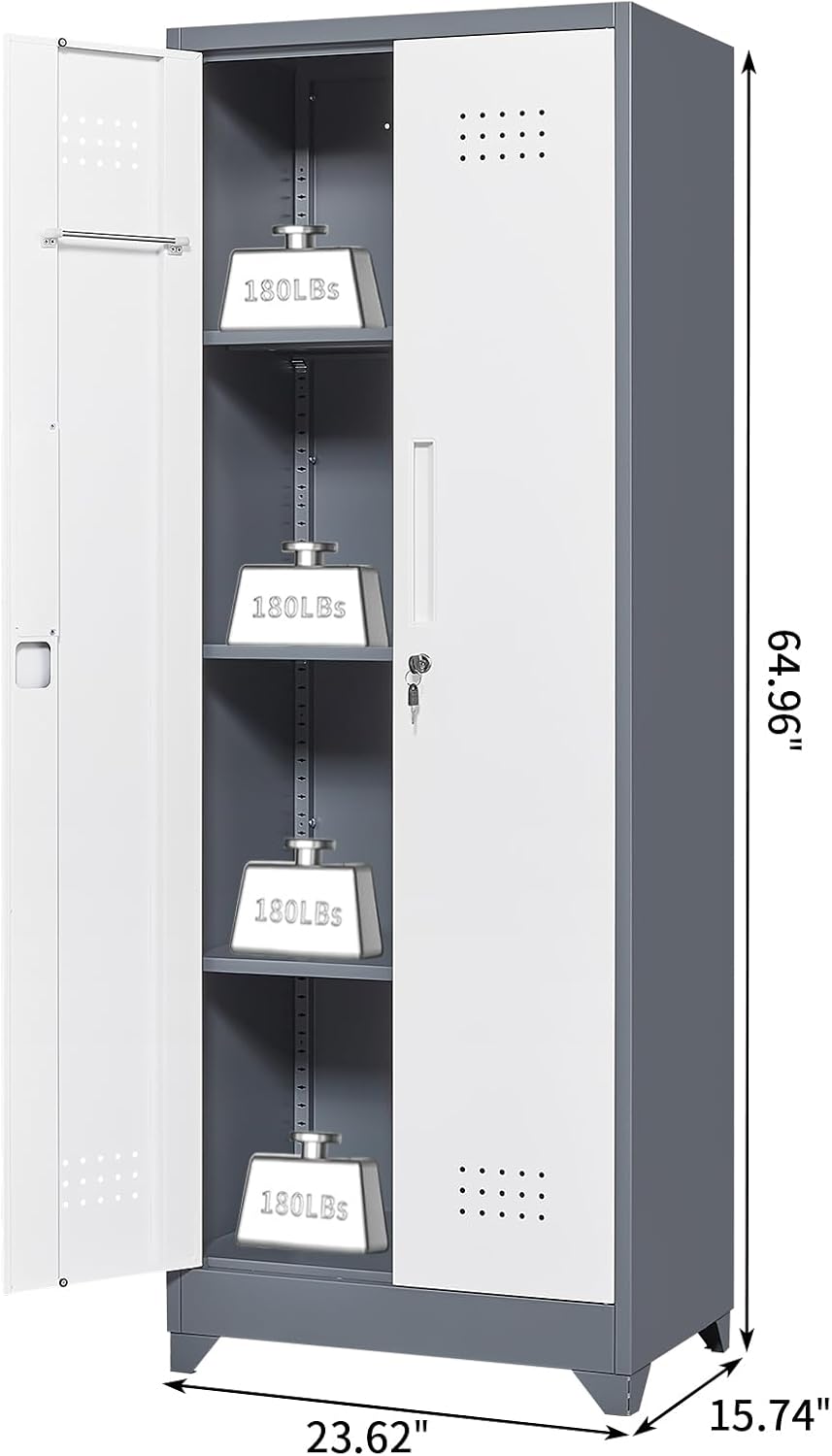 Broom Storage Cabinet, Metal Utility Storage Cabinet with Hanging Rail, 65' Tall Cleaning Tool Organizer with Shelves and Doors, for Home, Garage, Office, Balcony