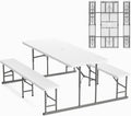VINGLI Folding Picnic Table and Bench Set, Portable Outdoor Dining Furniture for Camping, Patio, Backyard, Wood Grain Plastic Top with Metal Frame (White)
