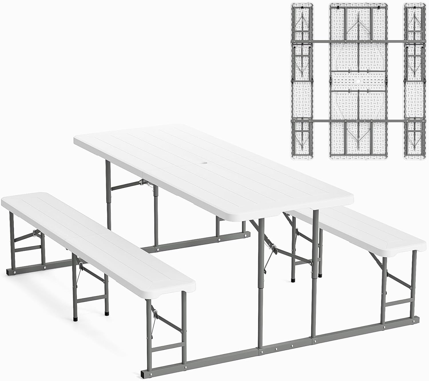 VINGLI Folding Picnic Table and Bench Set, Portable Outdoor Dining Furniture for Camping, Patio, Backyard, Wood Grain Plastic Top with Metal Frame (White)