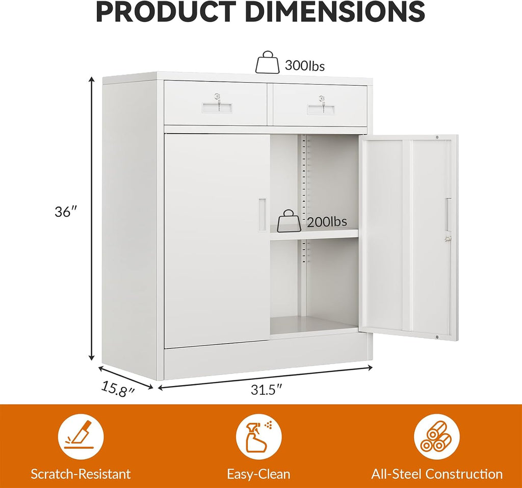 BESFUR Metal Garage Storage Cabinet with Two Lockable Drawers 2 Locking Doors and an Adjustable Shelf, 36' White Metal Short Storage Cabinet for Home Office, Garage,School,Utility Room