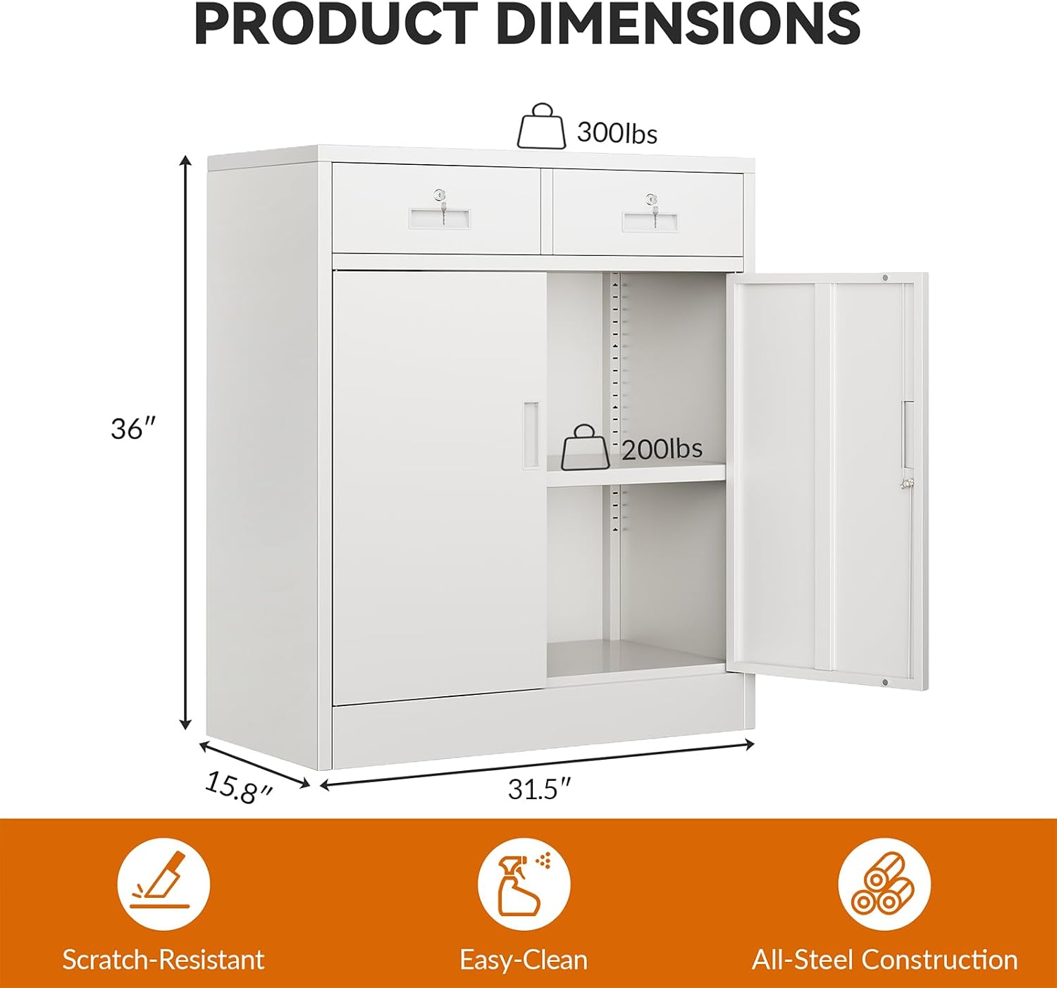 BESFUR Metal Garage Storage Cabinet with Two Lockable Drawers 2 Locking Doors and an Adjustable Shelf, 36' White Metal Short Storage Cabinet for Home Office, Garage,School,Utility Room
