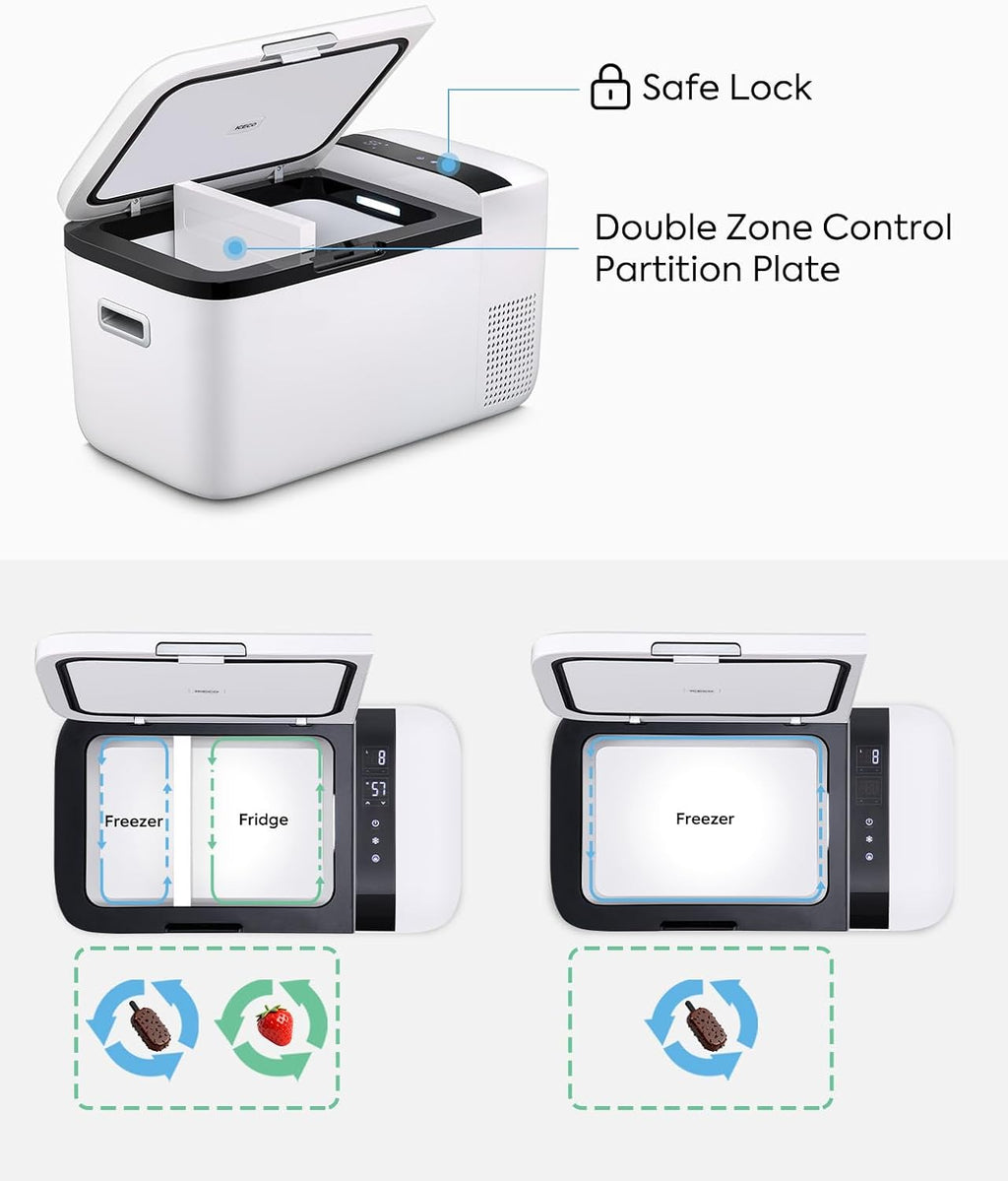 ICECO GO20 21 Quart/20 Liter Dual Zone 12 Volt Refrigerator, Portable Refrigerator with Secop Compressor, Electric Cooler, DC & AC, 0℉ - 50℉, Compressor Cooler for Outdoor, White