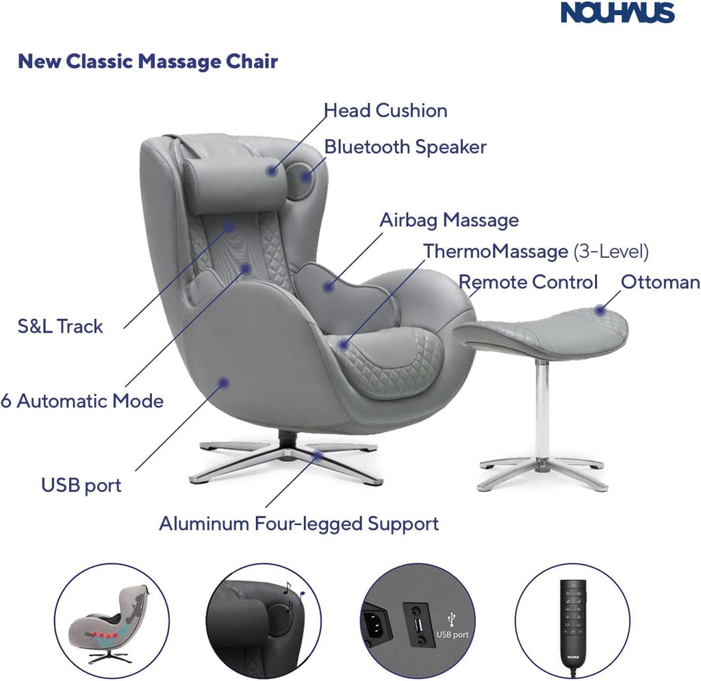 Nouhaus Heated Classic Massage Chair with Ottoman – Full Body & Spot Shiatsu Massager, Recliner with Bluetooth Speaker & in-Chair Charger – Portable & Ergonomic Design