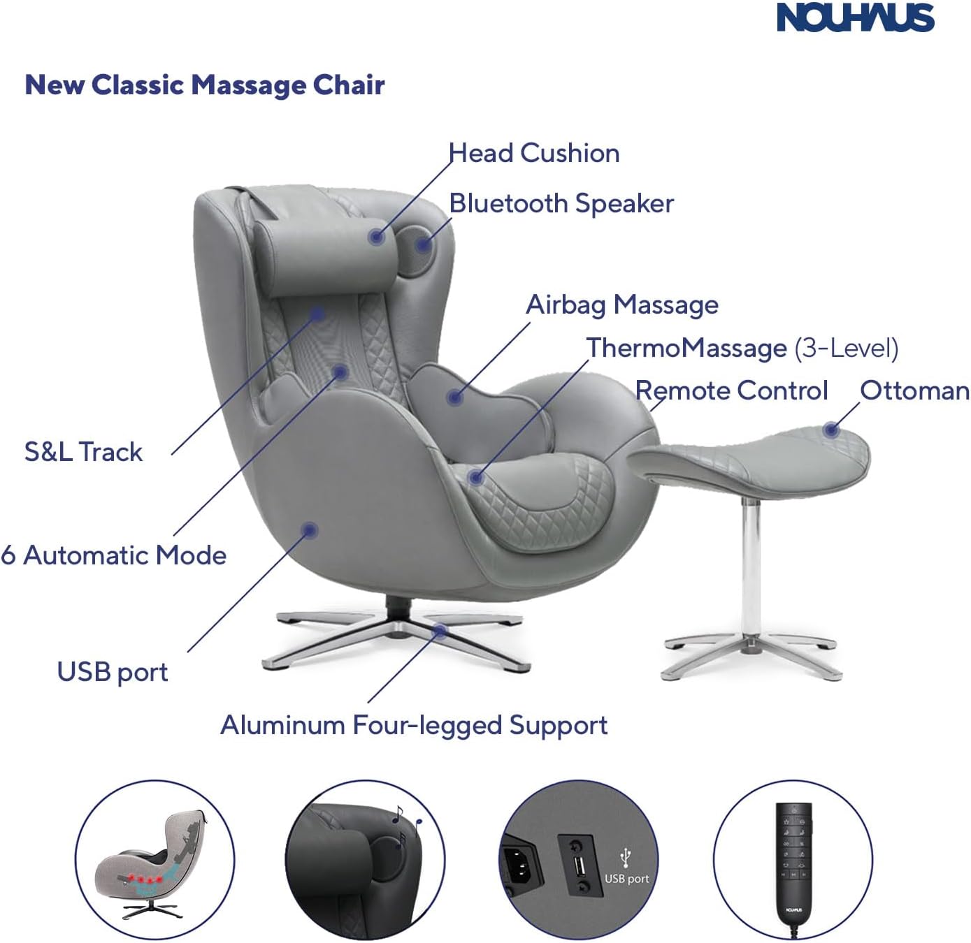 Nouhaus Heated Classic Massage Chair with Ottoman – Full Body & Spot Shiatsu Massager, Recliner with Bluetooth Speaker & in-Chair Charger – Portable & Ergonomic Design