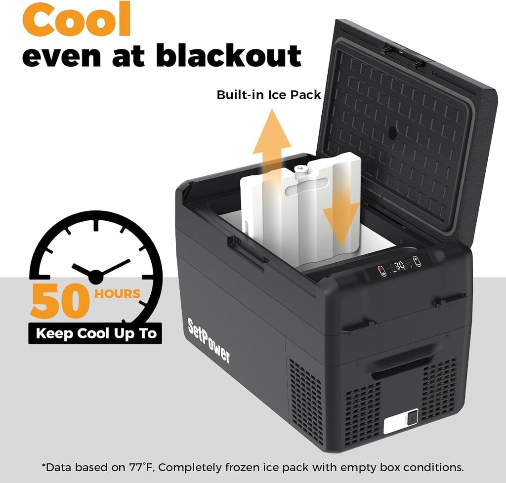 Setpower Car Refrigerator 50 Hours Backup Cooling 27 Quart 12 volt Fridge Portable Car Freezer with Cover 12V Coolers for Vehicles Electric Cooler for Car Camping Truck Van RV SUV Road Trip Travel