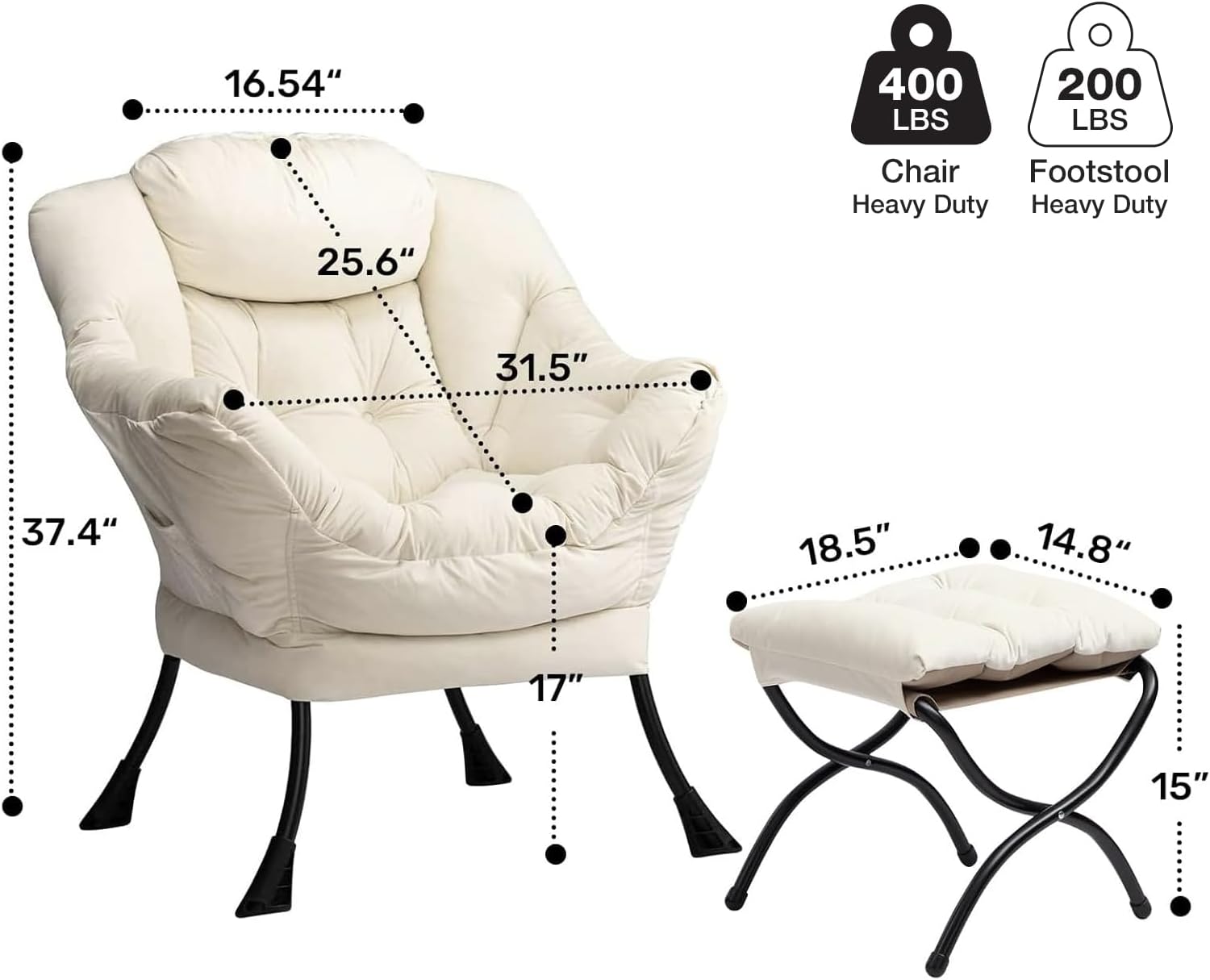 HollyHOME Lazy Chair with Foldable Ottoman, Accent Comfy Lounge Armchair and Folding Footrest Stool, Leisure Sofa Reading Chair and Footstool for Living Room, Bedroom, Dorm,Velvet Beige