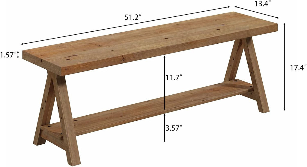 RowyPoey 51' Solid Wood Bench, Long Farmhouse Entryway Bench with Storage Shelf, Triangular Leg Design, Narrow Rustic Benches for Hallway, Bedroom, Dining, Kitchen