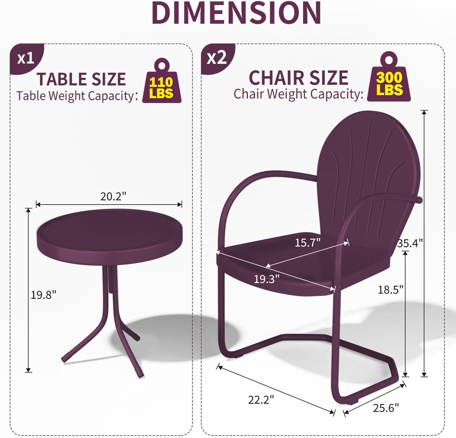 Patio Bistro Set Retro Metal Outdoor Seating Conversation 3 Pieces, 2 C-Spring Motion Armchairs and Round Side Table, for Porch, Lawn, Garden, Purple