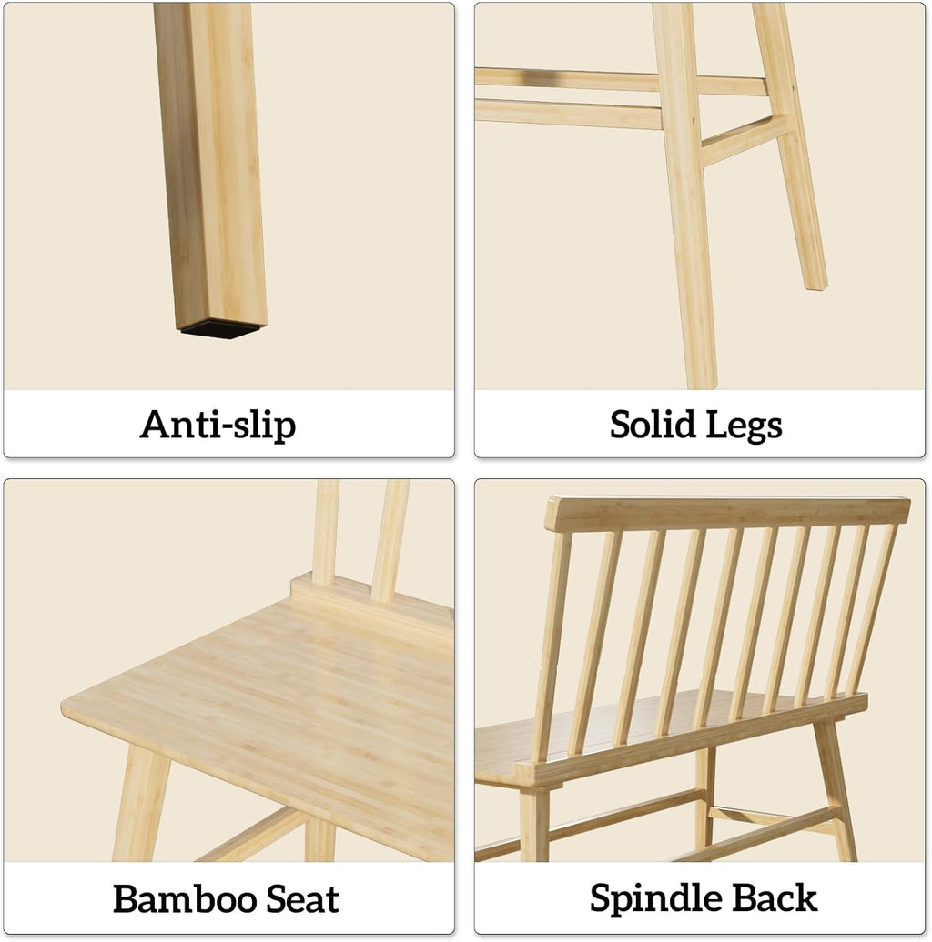Dining Bench for Kitchen & Dining Room – Bamboo Wood Bench with Spindle Back & Armrests, Farmhouse Entryway Bench, Indoor Bedroom Bench, Versatile Entry Bench & Outdoor Bench Seating（Natural）
