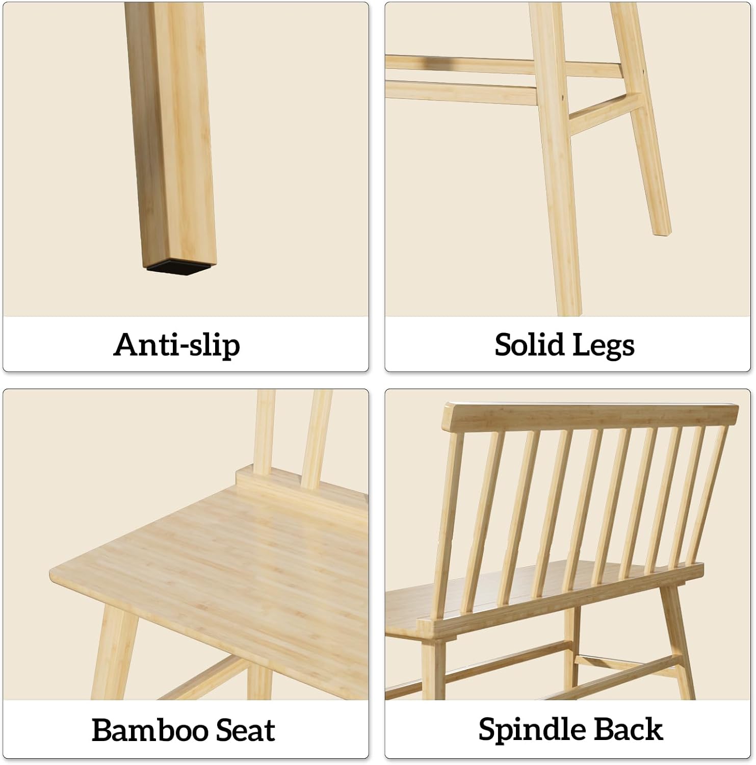 Dining Bench for Kitchen & Dining Room – Bamboo Wood Bench with Spindle Back & Armrests, Farmhouse Entryway Bench, Indoor Bedroom Bench, Versatile Entry Bench & Outdoor Bench Seating（Natural）