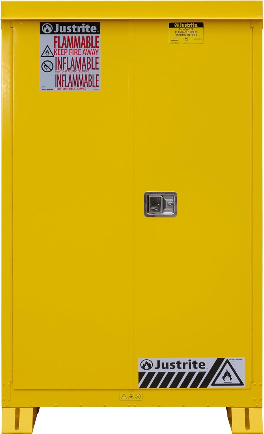 Justrite Reinforced Steel Outdoor Flammable Liquid Storage Cabinet, 2 Shelves with 350 lb. Capacity, 2 Self-Close Door Fire Cabinet, 45 Gallon, 65'x 43'x 18', Made in The USA, Yellow, 814520