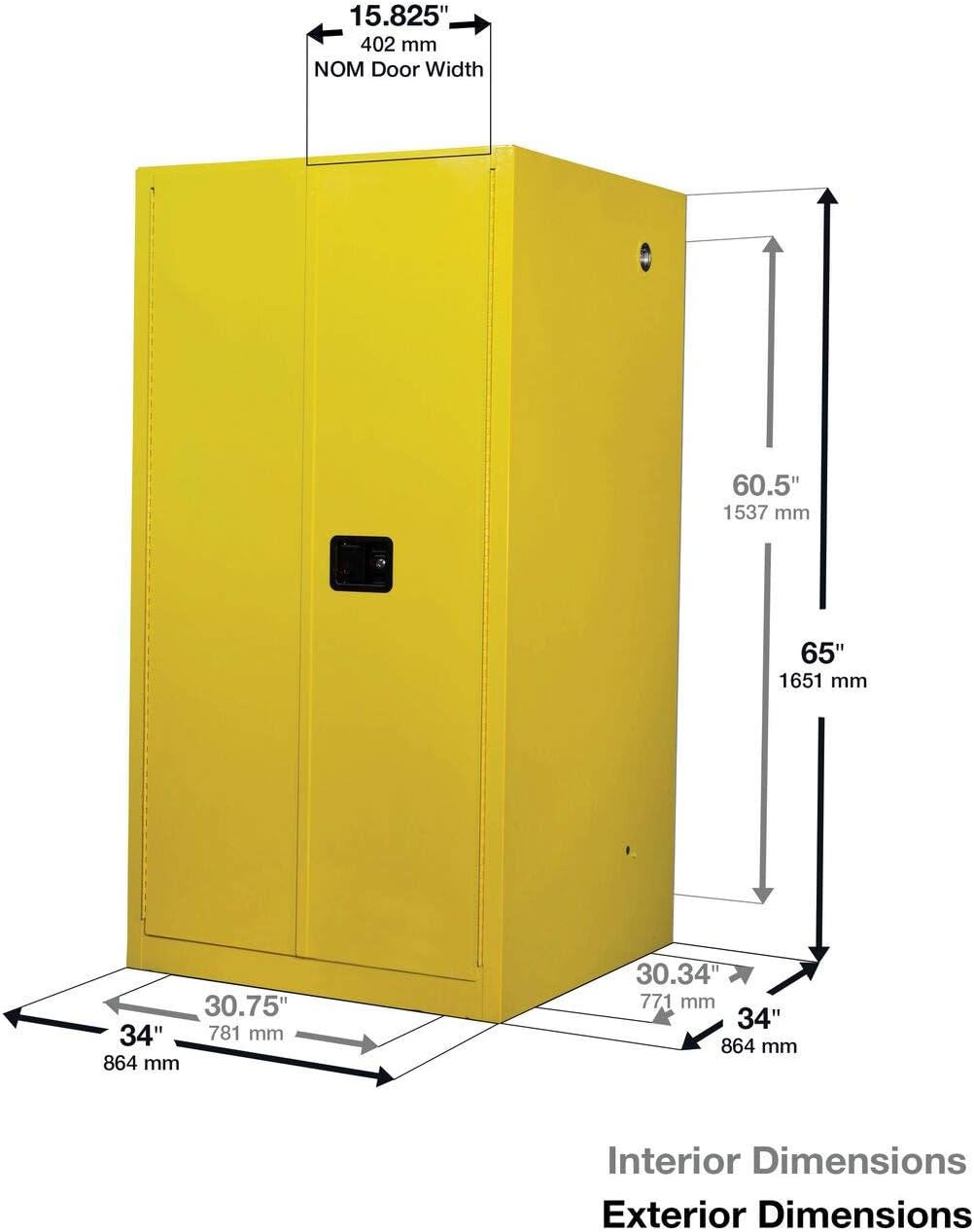 Justrite 60 Gallon Self Close Flammable Storage Cabinet, 18 Gauge Steel, 2 Shelves, 2 Door Fire Cabinet, 65' x 34' x 34', Made in The USA, Yellow, 896020