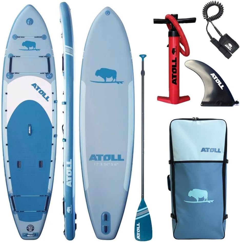 Atoll New 12ft Outrider Inflatable Stand Up Paddle Board | Extra Wide ISUP for Adults, Fishing, Touring & All Adventures | Stable 34' Paddle Board with Accessories, Dual Layer PVC, 400lb Capacity