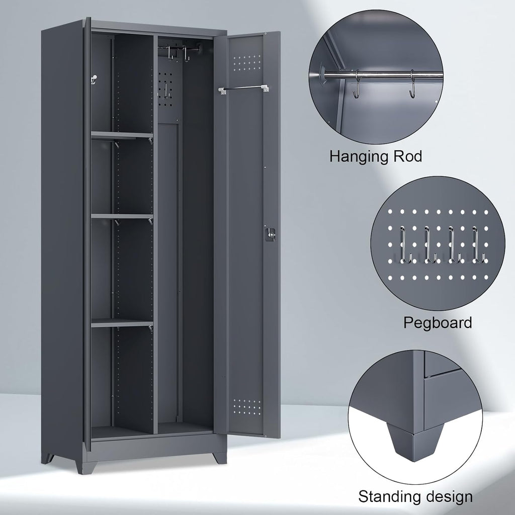 Broom Closet Storage Cabinet, Steel Locking Cabinet with Hanging Rod, 65' Cleaning Storage with Doors and Hooks, Tall Broom Tool Cabinets for Office, Garage