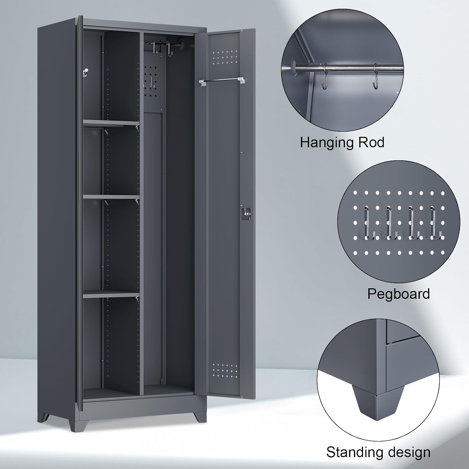 Broom Closet Storage Cabinet, Steel Locking Cabinet with Hanging Rod, 65' Cleaning Storage with Doors and Hooks, Tall Broom Tool Cabinets for Office, Garage