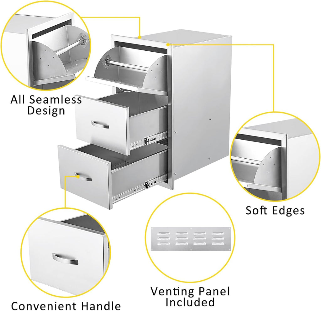 17W x 21D x 30H Inch Outdoor Kitchen Drawers Stainless Steel, Flush Mount Triple Drawers with Stainless Steel Handle, Venting Panel Weatherproof for Kitchen Island Patio, Grill Station