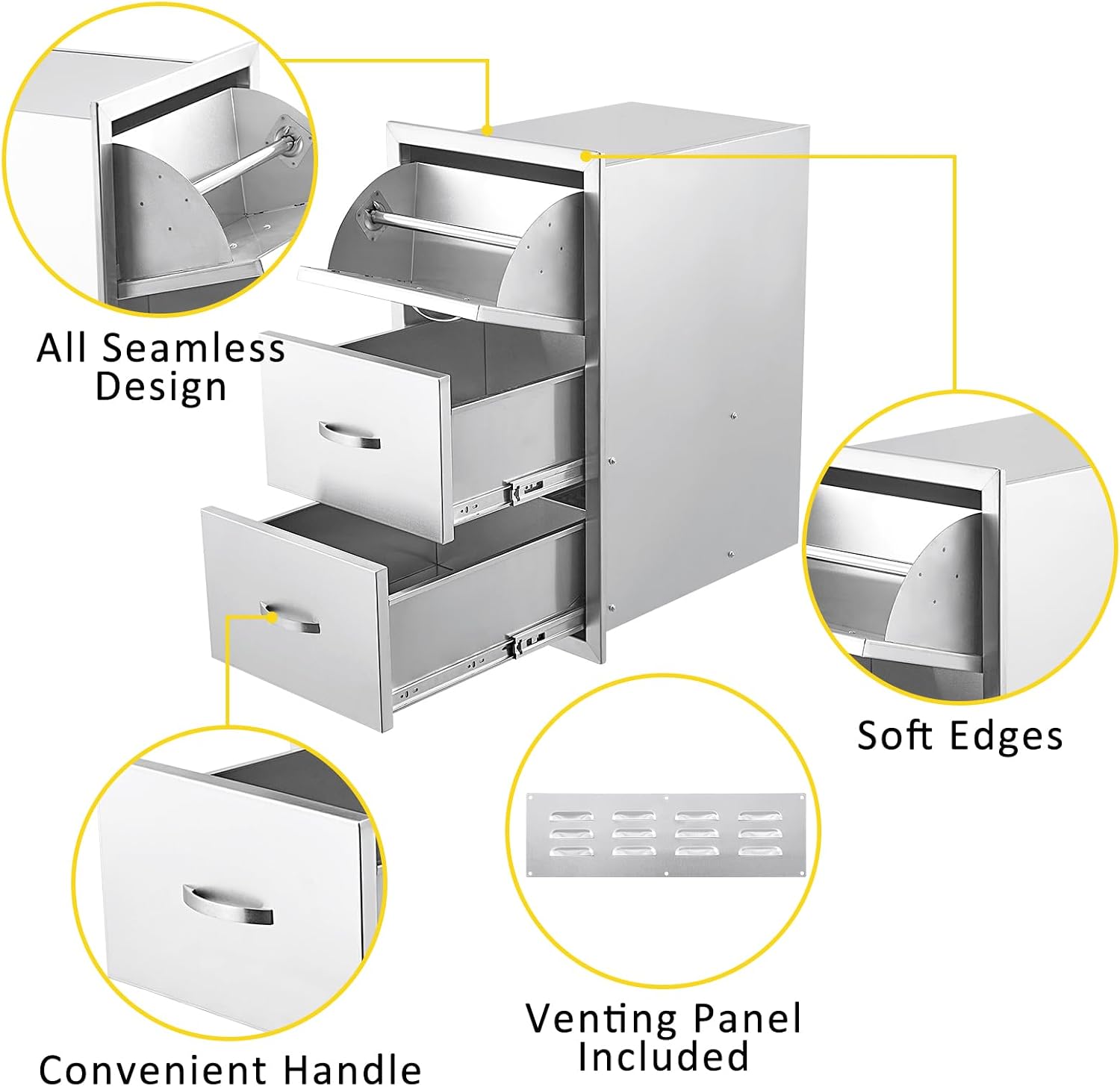 17W x 21D x 30H Inch Outdoor Kitchen Drawers Stainless Steel, Flush Mount Triple Drawers with Stainless Steel Handle, Venting Panel Weatherproof for Kitchen Island Patio, Grill Station