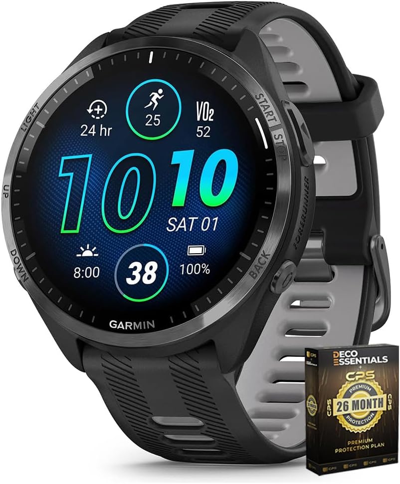 Garmin 010-02809-00 Forerunner 965 Running Smartwatch Black and Powder Gray Bundle with Deco Essentials Exclusive 26 Month CPS Enhanced Protection Pack