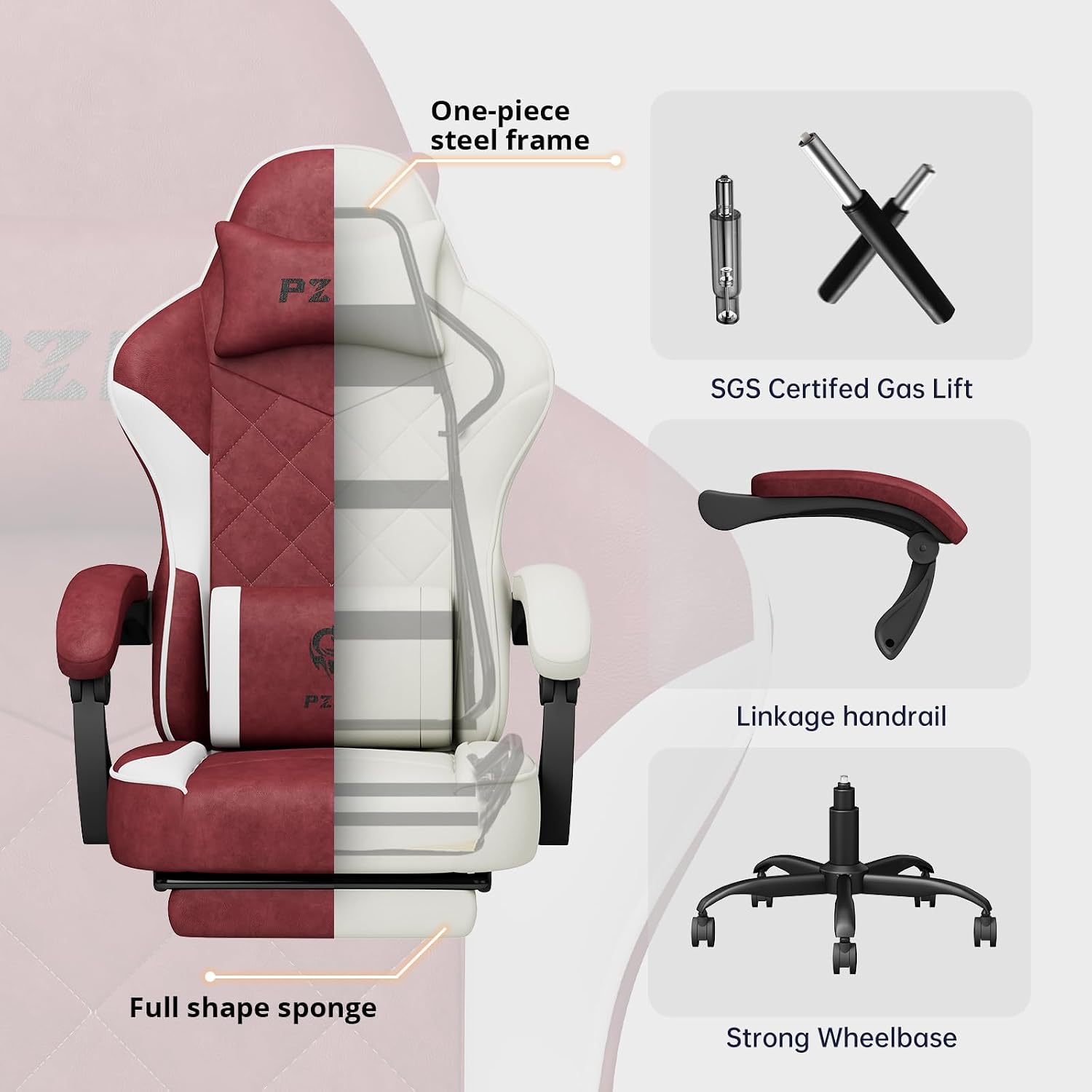 Ergonomic Gaming Chairs for Adults with Retractable Footrest, Fabric Racing Gaming Chair, Height Adujustable Computer Chair Swivel PC Gamer Chairs with Lumbar Support, Gift, 150KG, Red