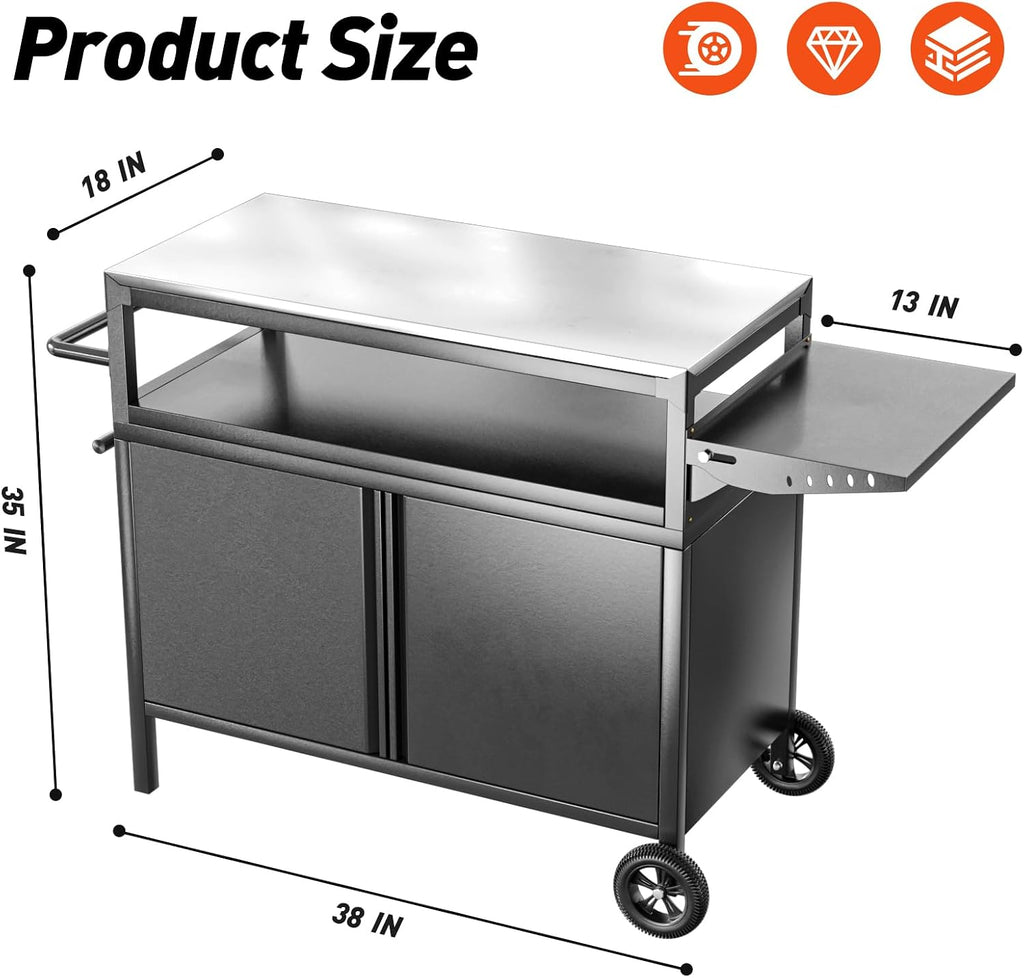 Outdoor Grill Table with Storage, Movable Outdoor Grill Cart, Stainless-Steel Tabletop Outdoor Kitchen Island, Patio Kitchen Island BBQ Cart with Wheels for Home BBQ Backyard Party
