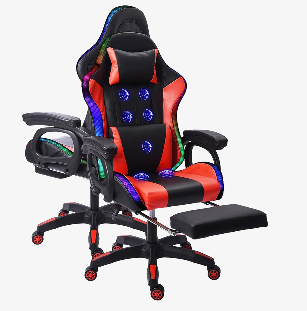 Video Gaming Chair with Speakers and RBG Lights,PC Chair with 7-Point Massage Lumbar Support and Footrest,Office Ergonomic Gaming Chair Adjustable Back and Armrest,Adult Gaming Chair.,Red