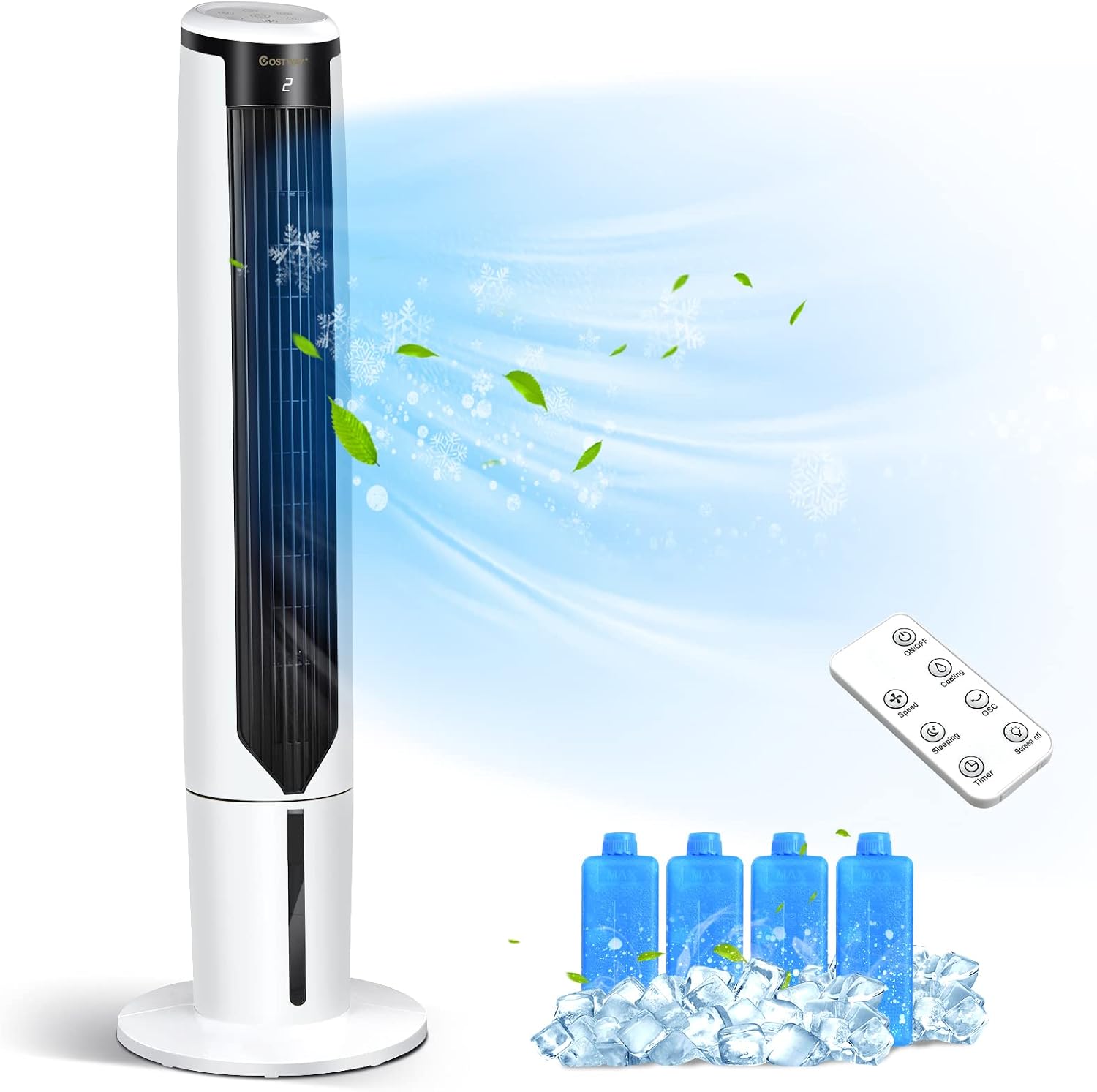 COSTWAY Evaporative Air Cooler, 41-inch Portable Oscillating Air Cooler with Remote, 3 Modes, 3 Speeds, LED Display, 9H Timer Auto-off, Quiet Standing Bladeless Tower Fan for Bedroom Home Office