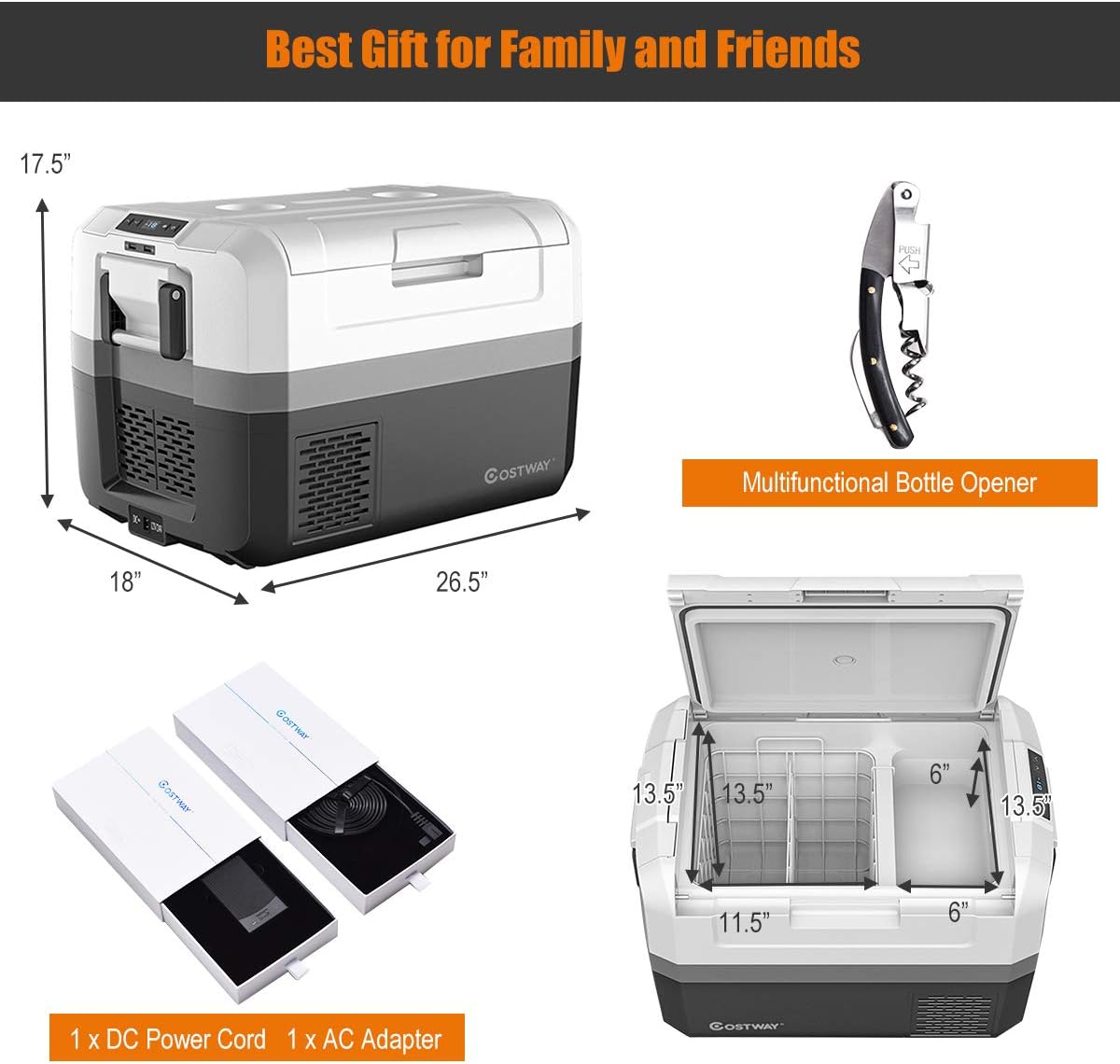 COSTWAY Portable Car Refrigerator, -14.8°F to 50°F, 48-Quart Compressor Travel Fridge with Two-way Open Door, Operating Panel, Groove Design, Compact RV Freezer and Cooler for Outdoor and Home Use