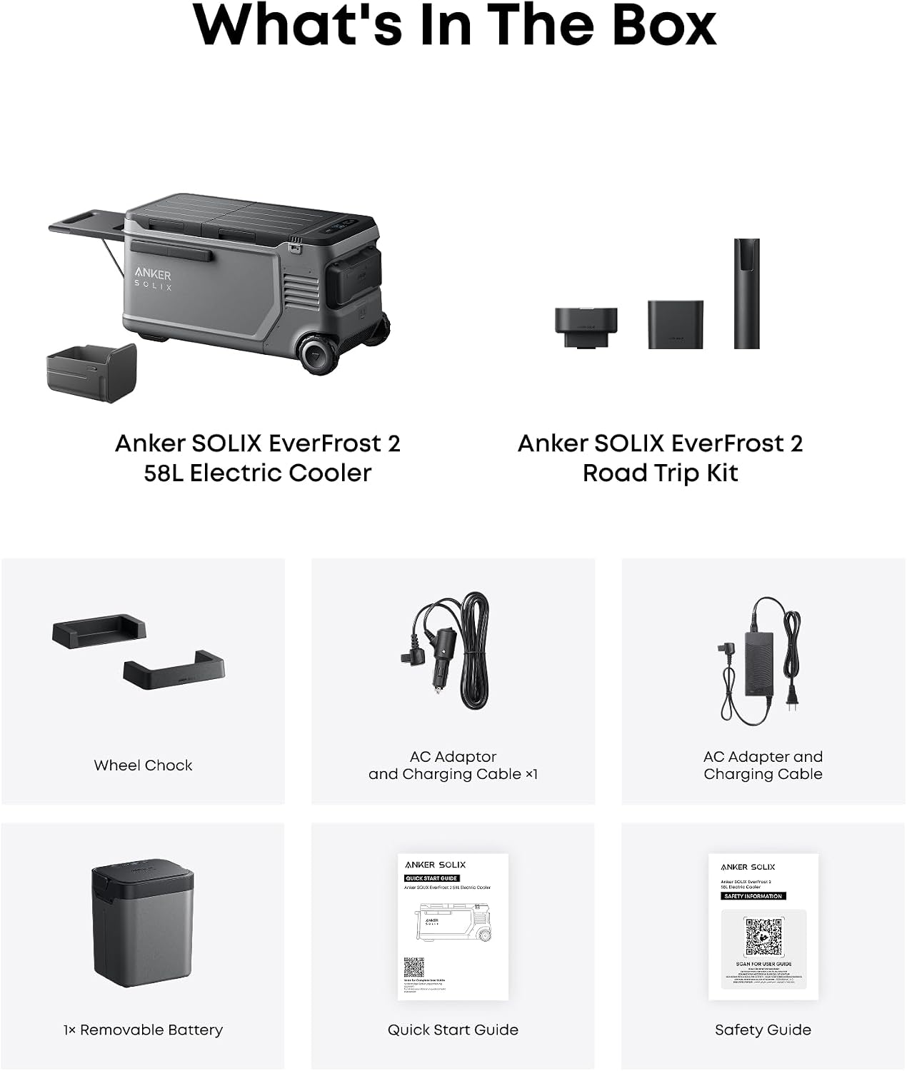 Anker SOLIX EverFrost 2 58L Cooler with Road Trip Kit, 61 qt Car Refrigerator, Electric Cooler with 288Wh Battery, Powered by AC/DC or Solar, for Camping, Travel, Fishing (Only 1 Battery Included)