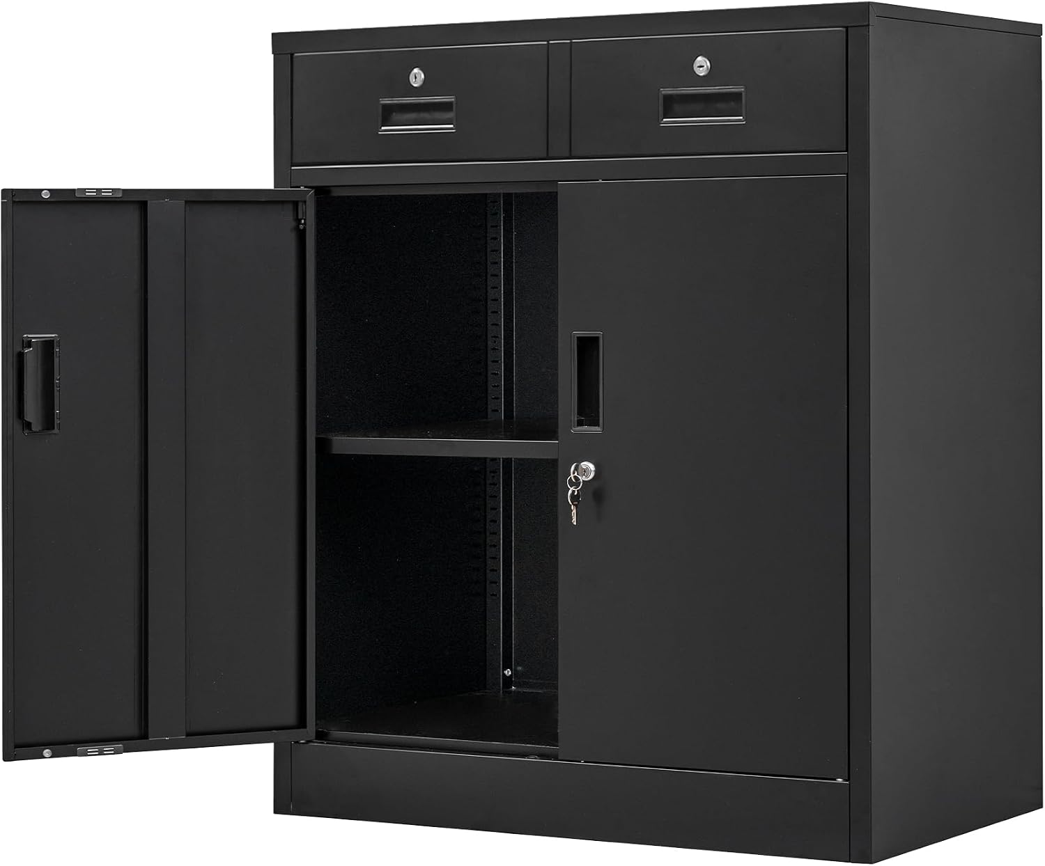 Wanfu Metal Storage Cabinet, 36' H Locking Storage Cabinet with 2 Drawers and Adjustable Shelf, Metal Cabinets for Office, Garage, Home-Black
