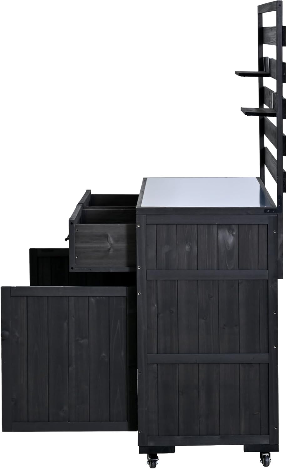 64.9'' H Large Patio Kitchen Island Solid Wood Kitchen Cart, Grill Prep BBQ Table, Garden Potting Bench with Stainless Table Top, 3 Movable Shelves and 2 Drawers (Black-64.9'')