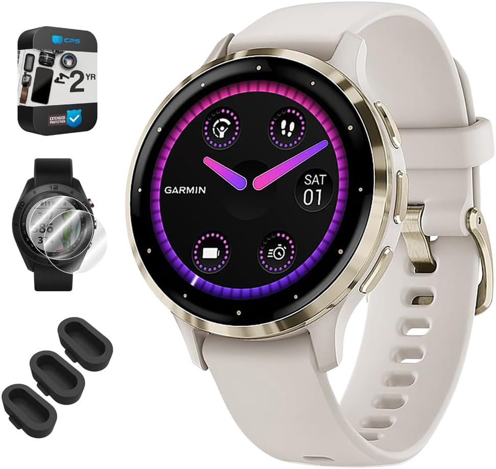 Garmin 010-02785-04 Venu 3S Health Fitness GPS Smartwatch Gold Steel Bezel with Ivory Case 41mm Bundle with Dust Cover 3 Pack, 2-Pack Screen Protector and 2 YR CPS Enhanced Protection Pack
