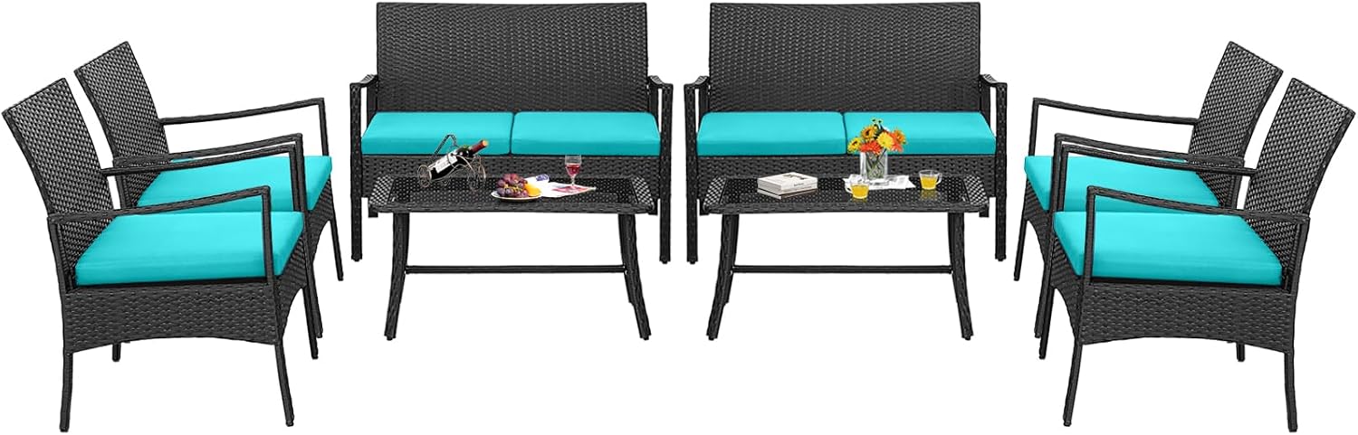 HAPPYGRILL 8 Pieces Patio Wicker Furniture Set PE Wicker Conversation Set, Rattan Sofa Chair with Cushions Tempered Glass Coffee Table, Outdoor Sectional Bistro Set for Poolside Backyard Lawn Garden