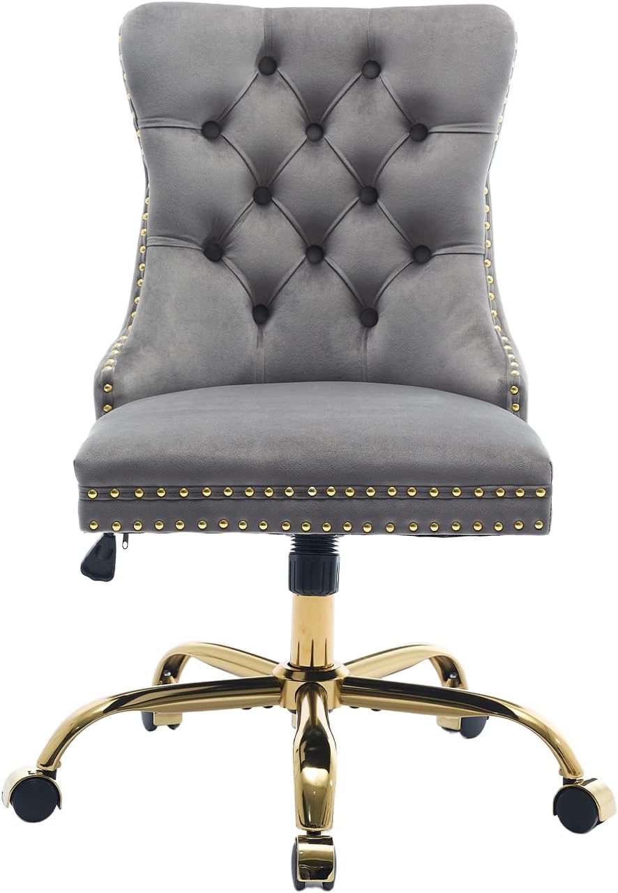 Grey Velvet Home Office Desk Chair with Wheels & Gold Base, Modern Swivel Comfy Office Chair Vanity Chair Task Chair, Upholstered Adjustable Wingback Armless Desk Chair for Home Office,Bedroom,Grey