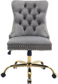 Grey Velvet Home Office Desk Chair with Wheels & Gold Base, Modern Swivel Comfy Office Chair Vanity Chair Task Chair, Upholstered Adjustable Wingback Armless Desk Chair for Home Office,Bedroom,Grey