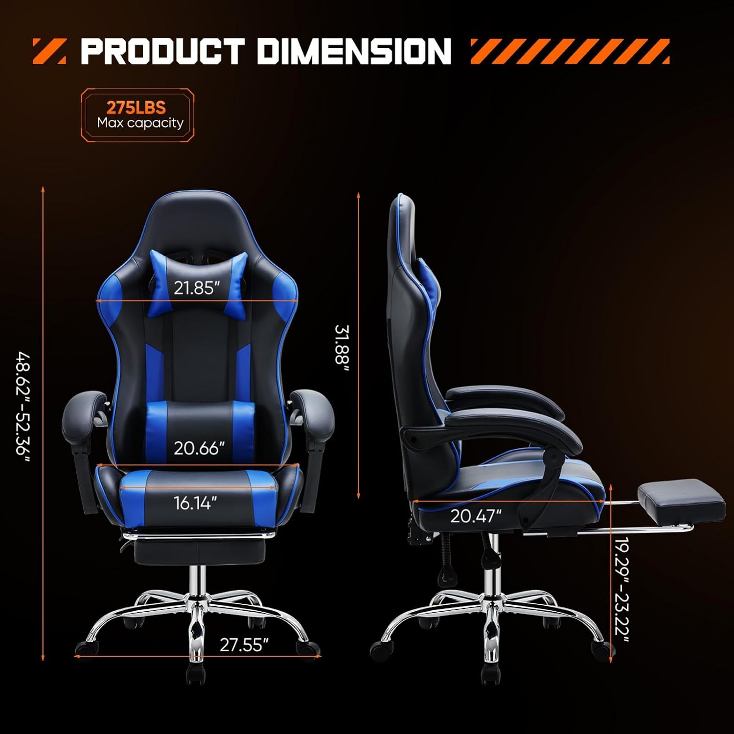Heavy Duty Gaming Chair, Ergonomic Gamer Chair for Home Office with Footrest, Lumbar Support, Adjustable Backrest, Stable 360° Swivel Wheels for Adults, Professional Gamers and Teens, Blue
