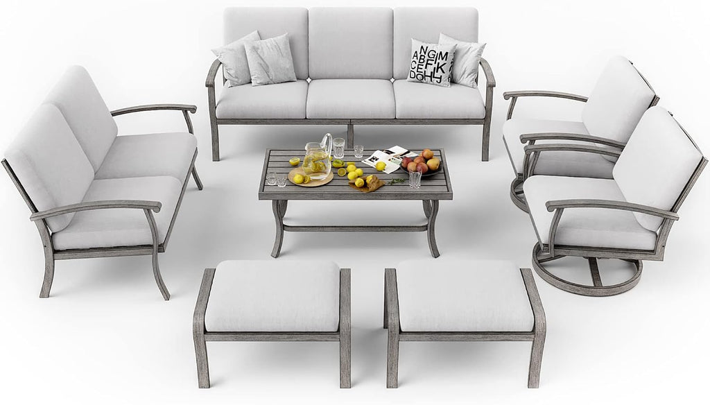 HAPPATIO 7 Piece Aluminum Patio Furniture Set, 3-Seat Outdoor Loveseat, Outdoor Sectional Sofa with Ottomans and Coffee Table, Garden Conversation Set with Swivel Armchairs for Lawn (Gray)