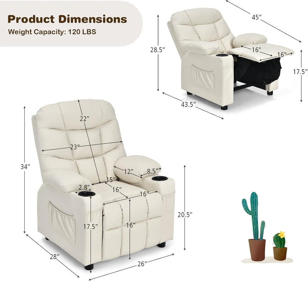 MAT EXPERT Kids Recliner, Leather Adjustable Reading Gaming Chair w/ 2 Cup Holder, 3 Side Pocket Storage & Footrest, Kids Couch Toddler Lounge Chair for Boys Girls, Kids Room Playroom Nursery (Beige)