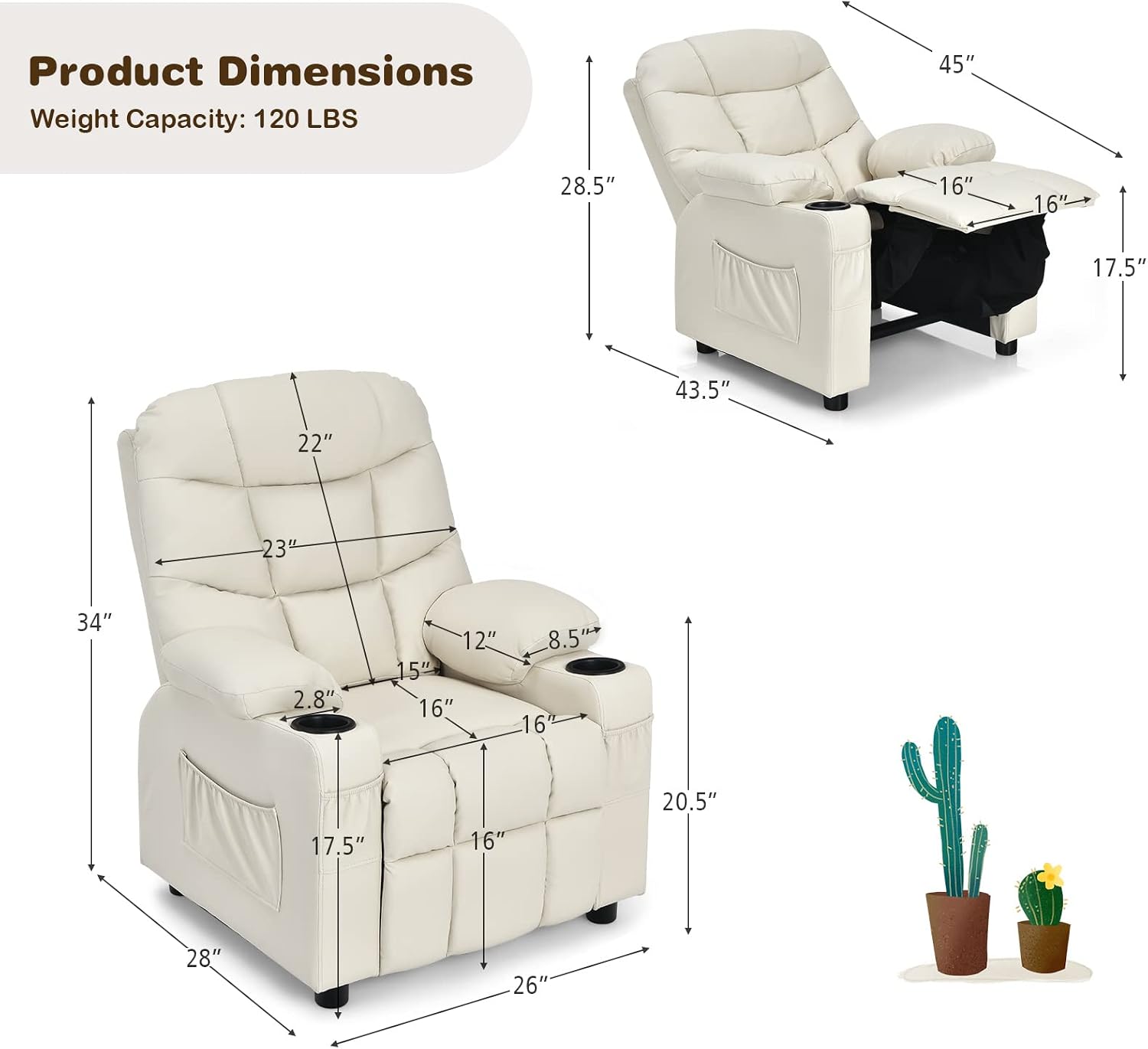 MAT EXPERT Kids Recliner, Leather Adjustable Reading Gaming Chair w/ 2 Cup Holder, 3 Side Pocket Storage & Footrest, Kids Couch Toddler Lounge Chair for Boys Girls, Kids Room Playroom Nursery (Beige)
