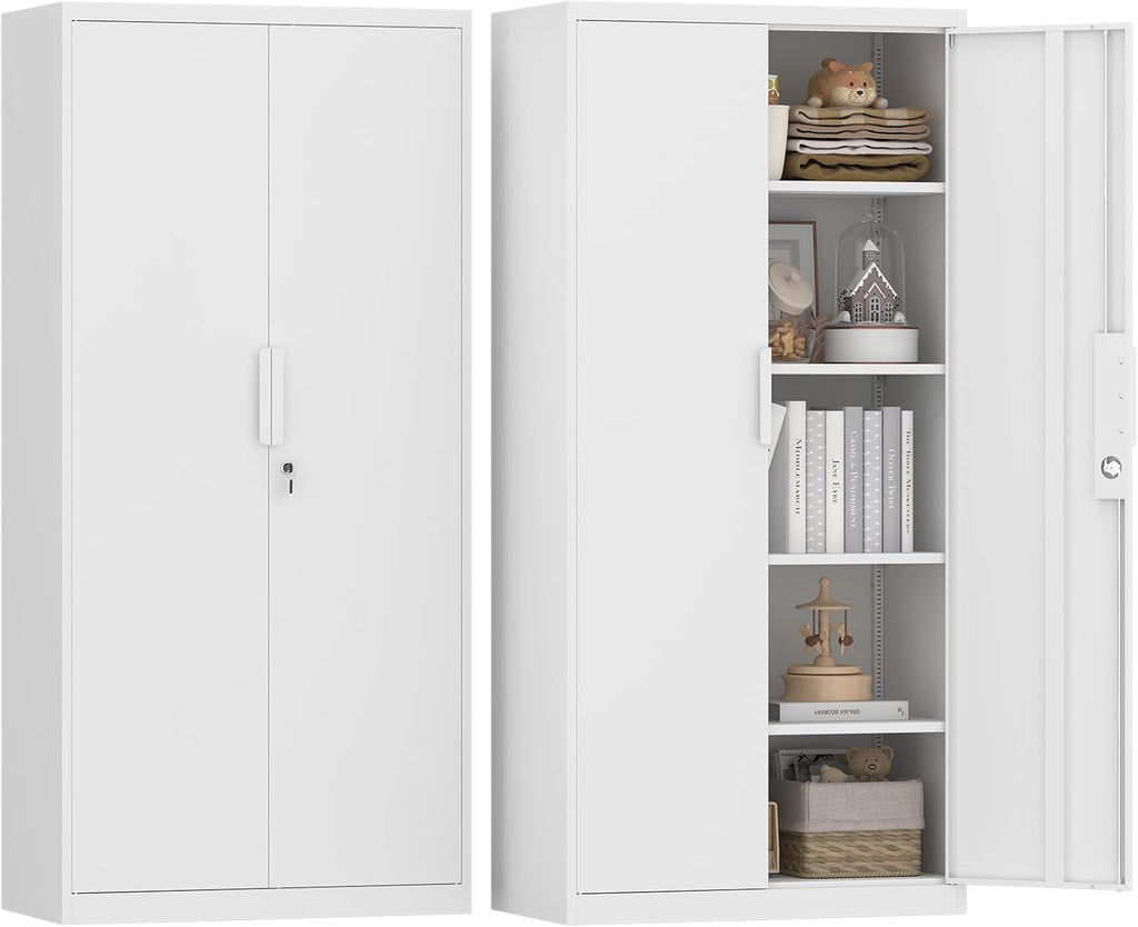 GREATMEET Metal Garage Storage Cabinets, Lockable Storage Cabinet, Metal Pantry Cabinet, 72' H Garage Storage Cabinet with 2 Doors, White