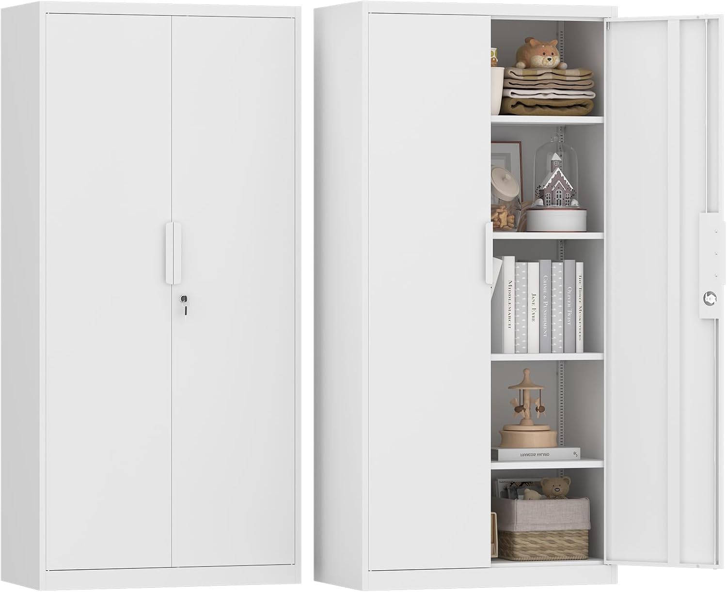 GREATMEET Metal Garage Storage Cabinets, Lockable Storage Cabinet, Metal Pantry Cabinet, 72' H Garage Storage Cabinet with 2 Doors, White
