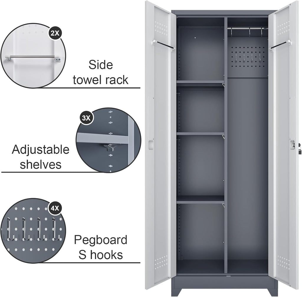 Broom Storage Cabinet, Metal Utility Storage Cabinet with Hanging Rail, 65' Tall Cleaning Tool Organizer with Shelves and Doors, for Home, Garage, Office, Balcony