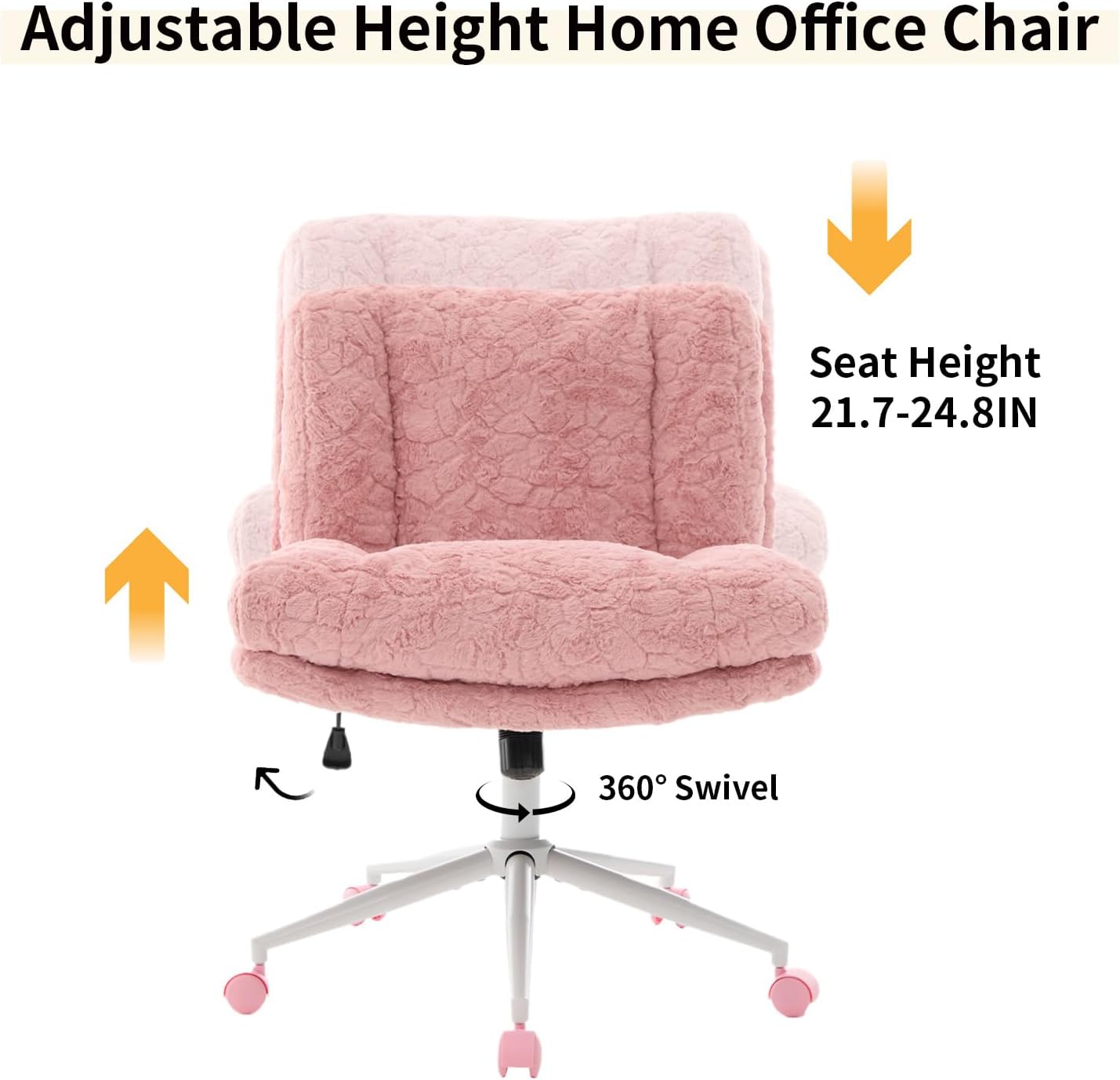 Shenyon Criss Cross Chair with Wheels, Wide Cross Legged Office Chair with 2 Layer Cushions & Back, Adjustable Swivel Home Office Chair, Comfy Faux Fur Makeup Vanity Chair for Girls Women, Pink