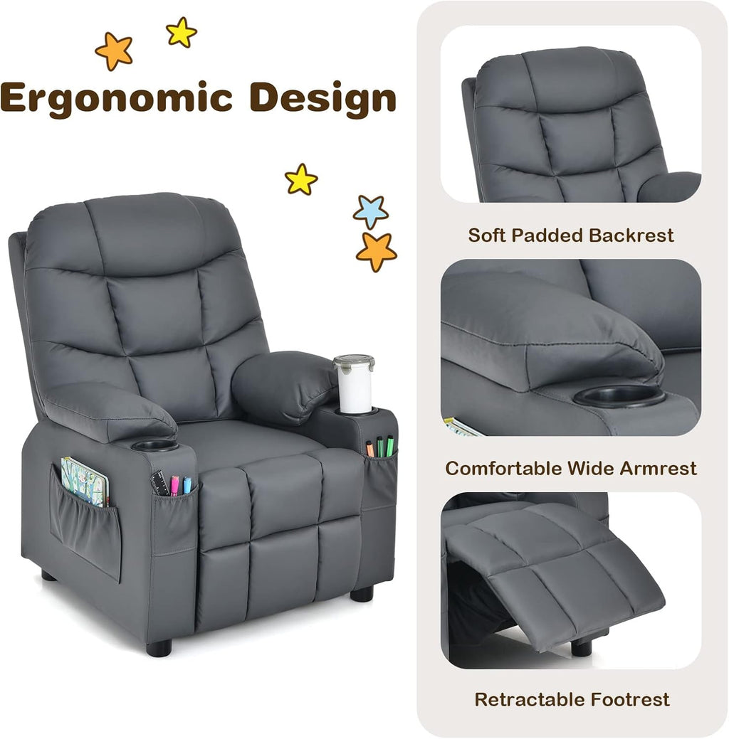 MAT EXPERT Kids Recliner, Leather Adjustable Reading Gaming Chair w/ 2 Cup Holder, 3 Side Pocket Storage & Footrest, Kids Couch Toddler Lounge Chair for Boys Girls, Kids Room Playroom Nursery (Grey)